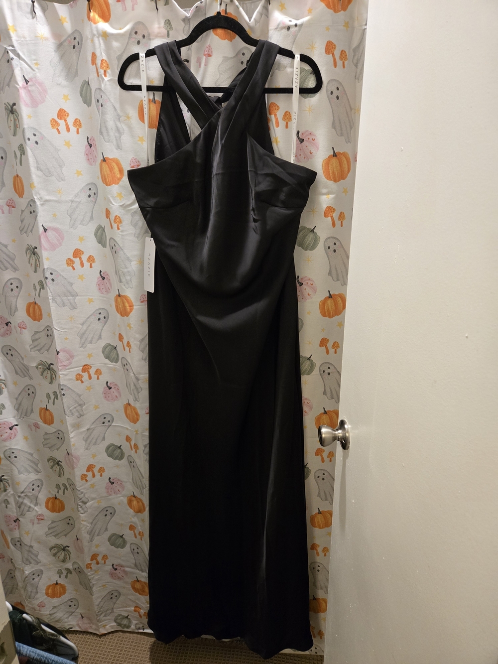 Azazie Black Satin Tie-Back Maxi Gown
